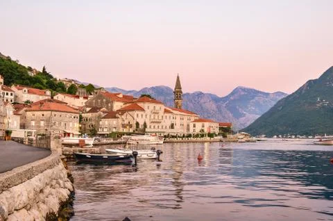 View of evening Perast Stock Photos