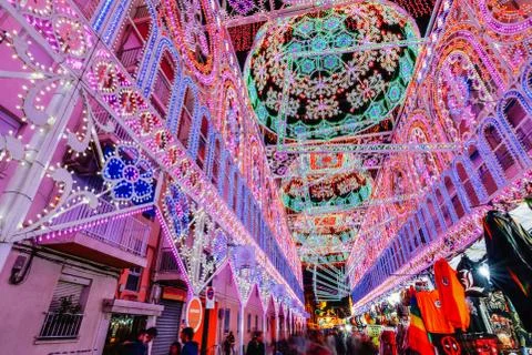 View of the evening streets with illumination timed to the Fallas festival in Stock Photos