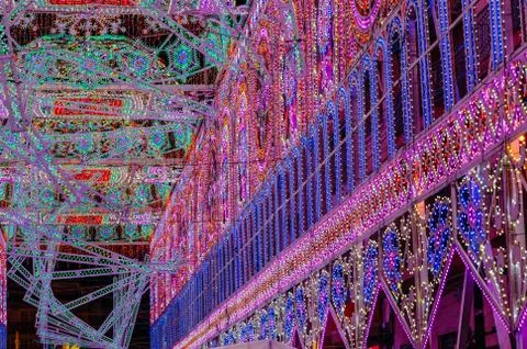 View of the evening streets with illumination timed to the Fallas festival in Stock Photos