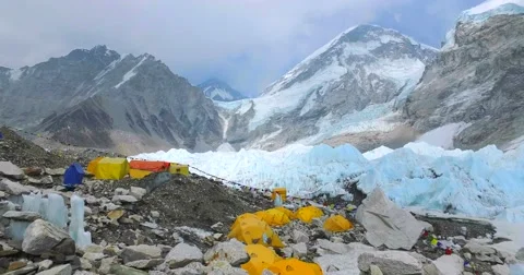 View of the Everest Base Camp on the Khumbu Glacier - Nepal, Himalaya. Stock Footage 66830041