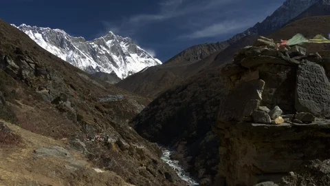 View to Everest mount from EBC trek.  Steadicam shot. UHD, 4K Stock Footage 82895799