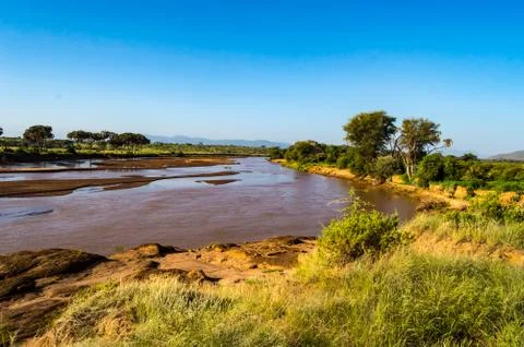 View of the Ewaso Ng'iro River in the savannah Stock Photos