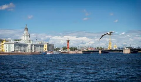 View of Exchange square, the Peter and Paul Cathedral, Kunstkamera and Rostra Stock Photos