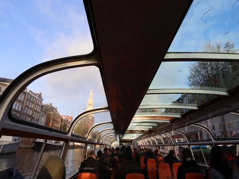 View from excursion boat approaching the Montelbaanstoren tower Stock Footage 83223796