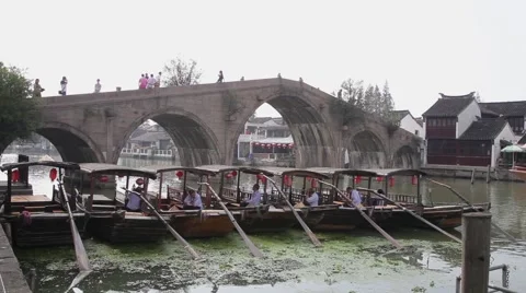 :View of  excursion boats and Fangsheng Bridge in Zhujiajiao,shanghai,china. Stock Footage 40596223