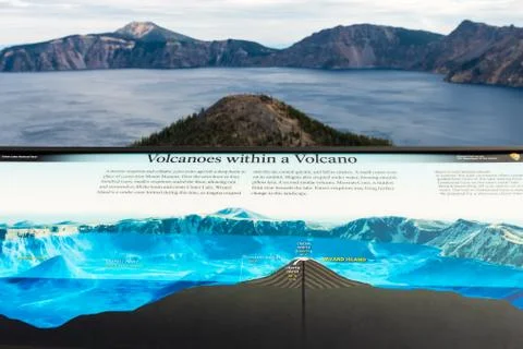 View of an explanatory panel of the volcano inside the volcano and a view of Stock Photos