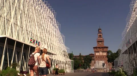 A view on Expo Gate 2015 and Castello Sforzesco, Milan Stock Footage 40603005