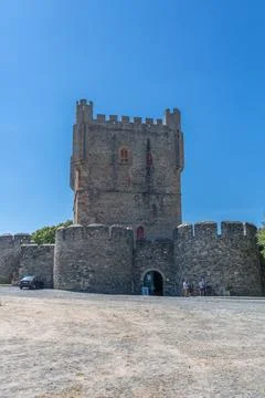 View at the exterior front facade tower at Castle of Braganca Stock Photos