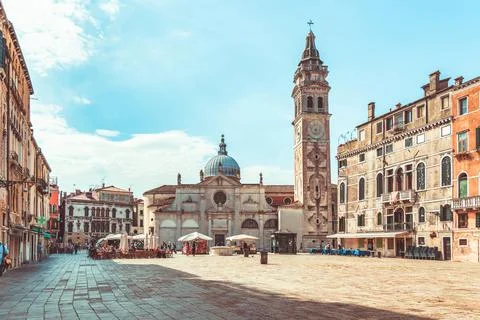View with the facade and bell tower of Chiesa .. Stock-Fotos