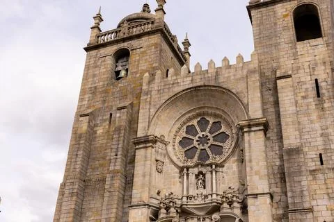 View of the facade and tower of Cathedral Church of Se do Porto. Portugal Stock Photos
