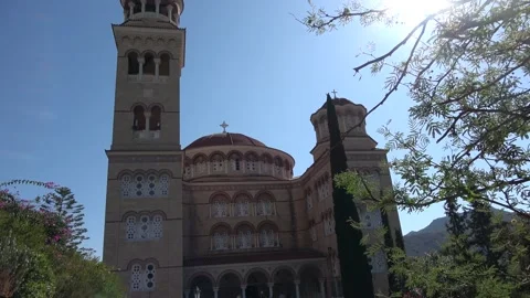 View of the facade of the Holy Temple of Agios Nektarios in Aegina island Stock Footage 218254489