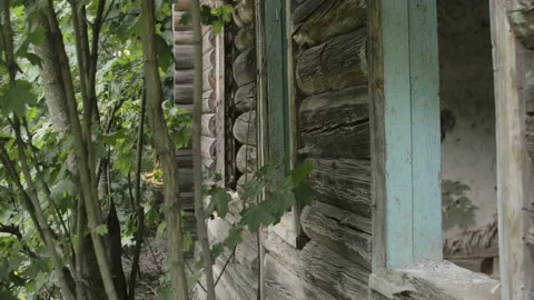 View on the facade of the old destroyed abandoned wooden house in village Stock Footage 99496871
