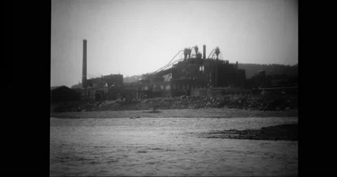 View of factory at riverbank Stock Footage 43399282