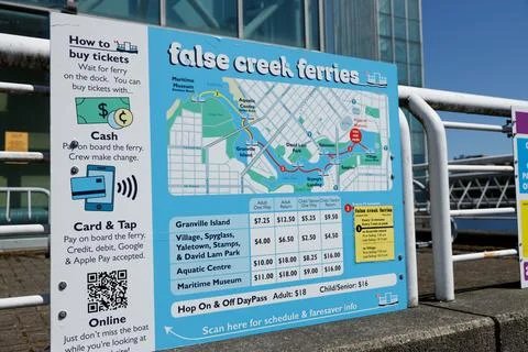 View of False Creek Ferries schedule with prices Stock Photos