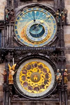 View on famous astronomical clock tower in Prague Stock Photos