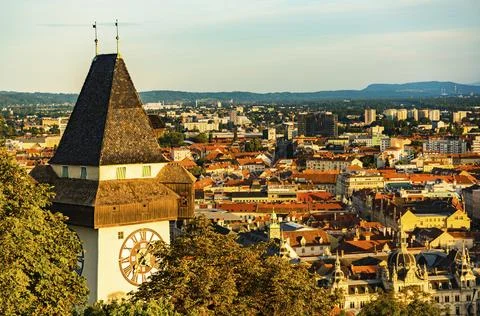 View at famous Clock Tower Uhrturm at Schlossberg hill. Travel destination. Copy 写真素材