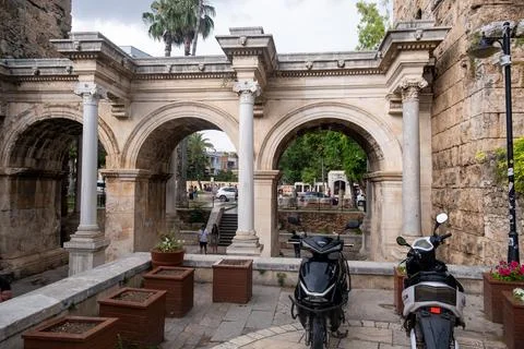 View of famous gate or Hadrianus arch in Antalya without visitors Stock Photos