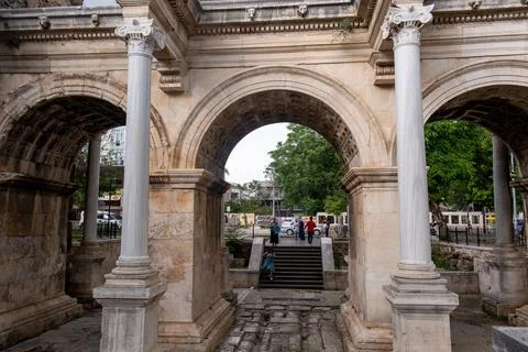 View of famous gate or Hadrianus arch in Antalya without visitors Stock Photos