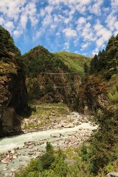 View onto the famous Hillary bridge, a double suspension bridge over the Du.. Stock Photos