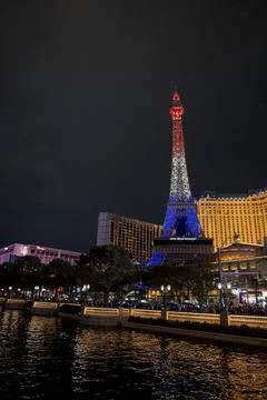 View of famous Replica of Eiffel Tower at luxurious hotels and casinos at night Stock Photos