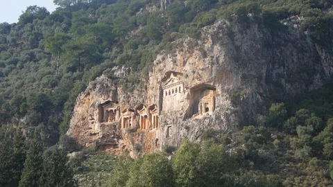 View Of The Famous UNESCO Site Ancient Lycian Tombs In Rocks (Kaunos, Turkey) Stock Footage 195987935