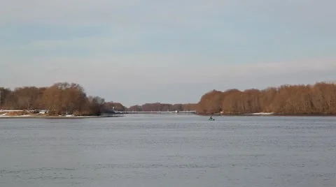 View of the far bank of the Oka River. Fishermen on a boat. 動画素材 48896756