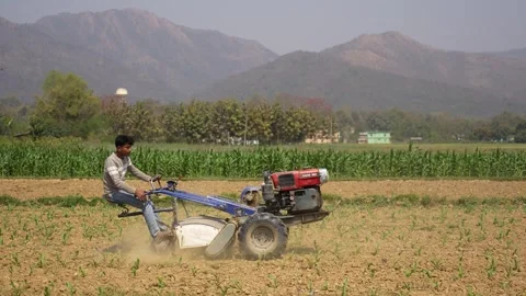 View of a farmer operating a power tiller in a field, Nepal. 스톡 동영상 335468442