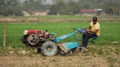 View of a farmer operating a power tiller in a field, Nepal. Stock Footage 335473289