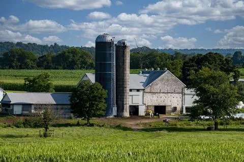 View of Farmlands with Fields of Corn and Alfalfa, Barns and Silos on a Sunny Stock Photos