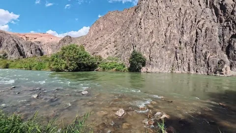 View of a fast river in a mountain gorge. Sunny weather. Stock Footage 283438426