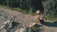 View On Feet Of Traveler Woman Hiking Walking On The Top Of Cliff In Mountain Stock Footage