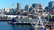 View Of Ferris Wheel In Front Of Seattle Skyline By Aerial Drone Stock Footage