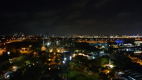 View from Ferris wheel in a night park. entertainment in the park 動画素材 93684319