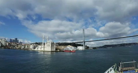 View from the ferry approaching Bosphorus Bridge in Istanbul Stock Footage 150483514