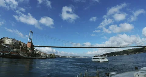 View from the ferry approaching Fatih Sultan Bridge in Istanbul Stock Footage 150298757