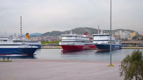 View of ferry Blue Star floating in the port. Stock Footage 135541232