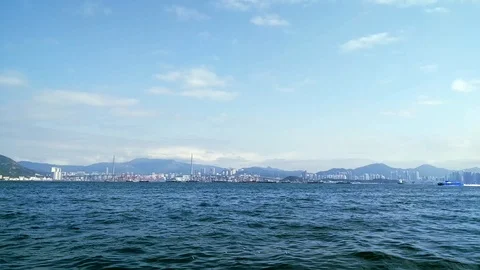 View from the ferry heading towards Victoria Harbour, Central, Hong Kong Stock Footage 102812480
