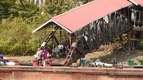View from ferry oncoming to jetty in Yangon - slow motion Stock Footage 61419497