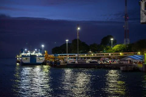 View of a ferry preparing to dock at the ports Foto stock