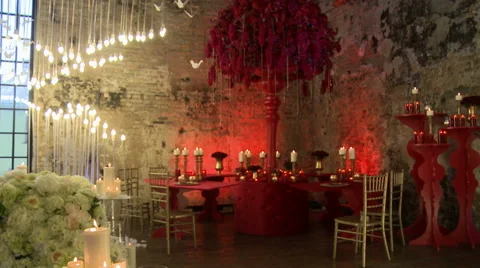 View of festively decorated loft-style restaurant Stock Footage 67942202