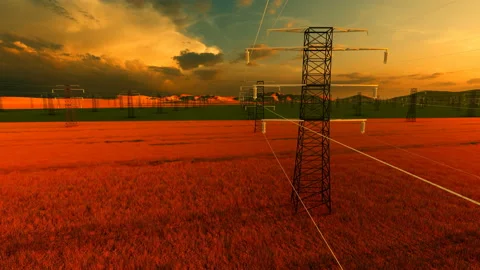 View of a field of Electricity Pillars Stock Footage 148332708