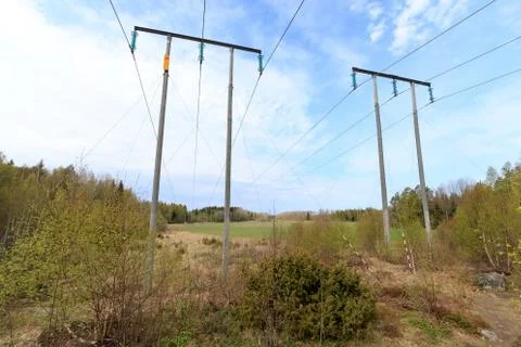 View on the field over power line Stock Photos