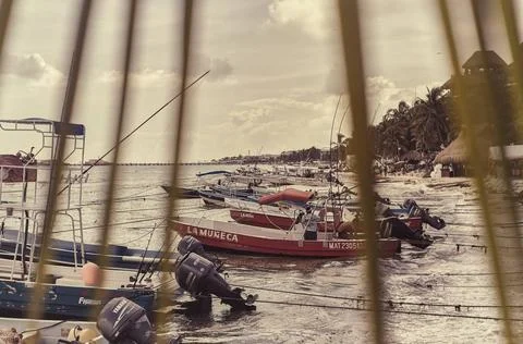  View filtered by palm leaves of an array of small fishing boats moored on... Stock-Fotos