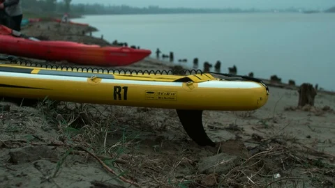View of the fin kayaks on the background of the river Video stock 109926381
