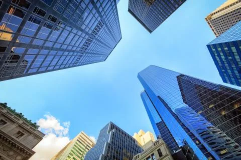 Up view in financial district in Manhattan Stock Photos