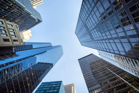 Up view in financial district in Manhattan Stock Photos