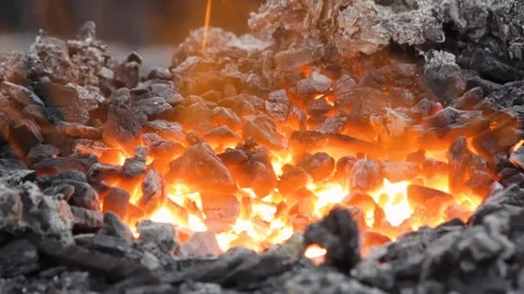 View to fire burns in the brazier, coal burns and smolders. Stock Footage 120260008