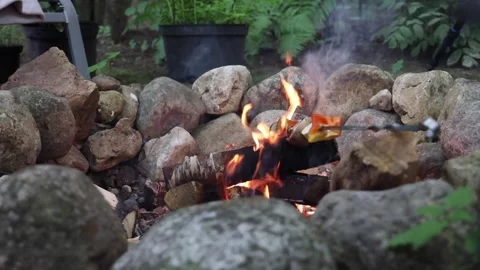View of the fire in the garden where vegetable kebabs are roasted  Stock Footage 277568730