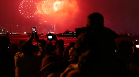 View on the firework show from crowd, with sound Video stock 49974625