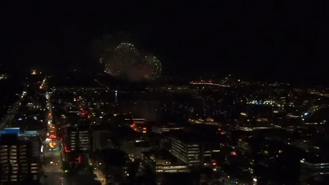 View of fireworks, July 4th, 2019 on Lake Union, Seattle, Washington. Video stock 120213898